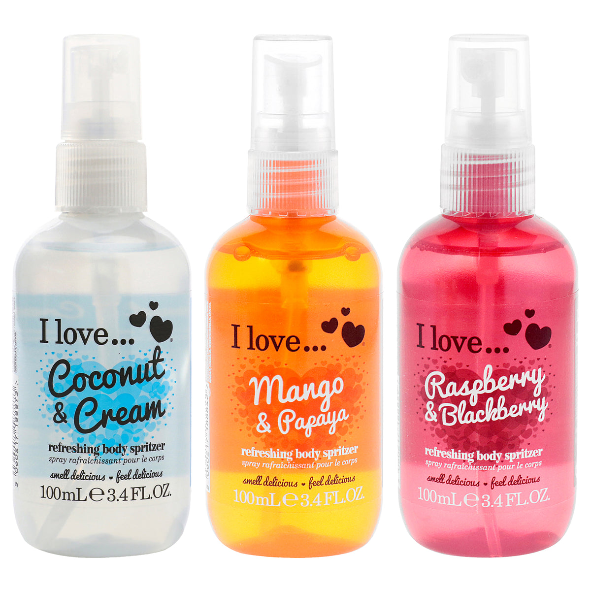 Body Spritzer Kit by I Love Cosmetics for Women - 3 Pc Kit 3.4oz Refreshing Body Spritzer - Coconut and Cream, 3.4oz Refreshing Body Spritzer - Mango and Papaya, 3.4oz Refreshing Body Spritzer - Raspberry and Blackberry