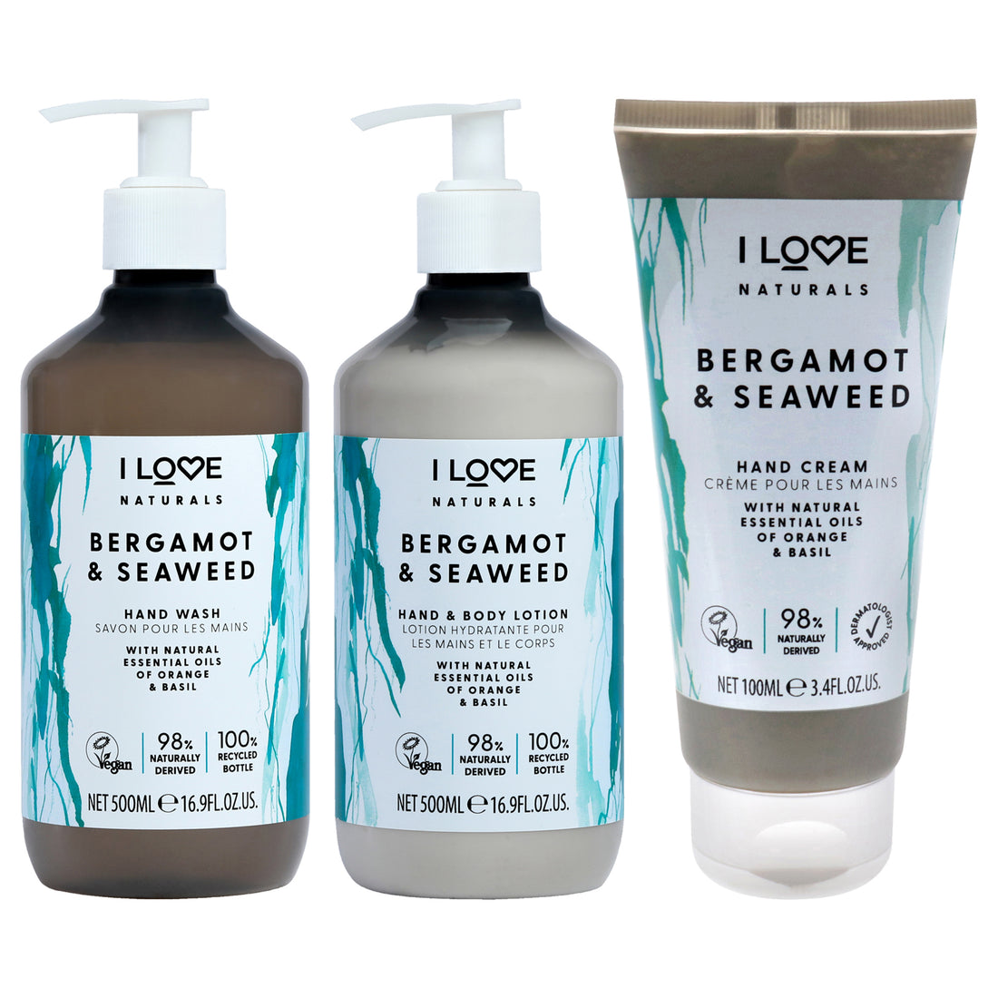Naturals Collection Kit by I Love Cosmetics for Women - 3 Pc Kit 3.4oz Naturals Hand Cream - Bergamot and Seaweed, 16.9oz Naturals Hand and Body Lotion - Bergamot and Seaweed, 16.9oz Naturals Hand Wash - Bergamot and Seaweed