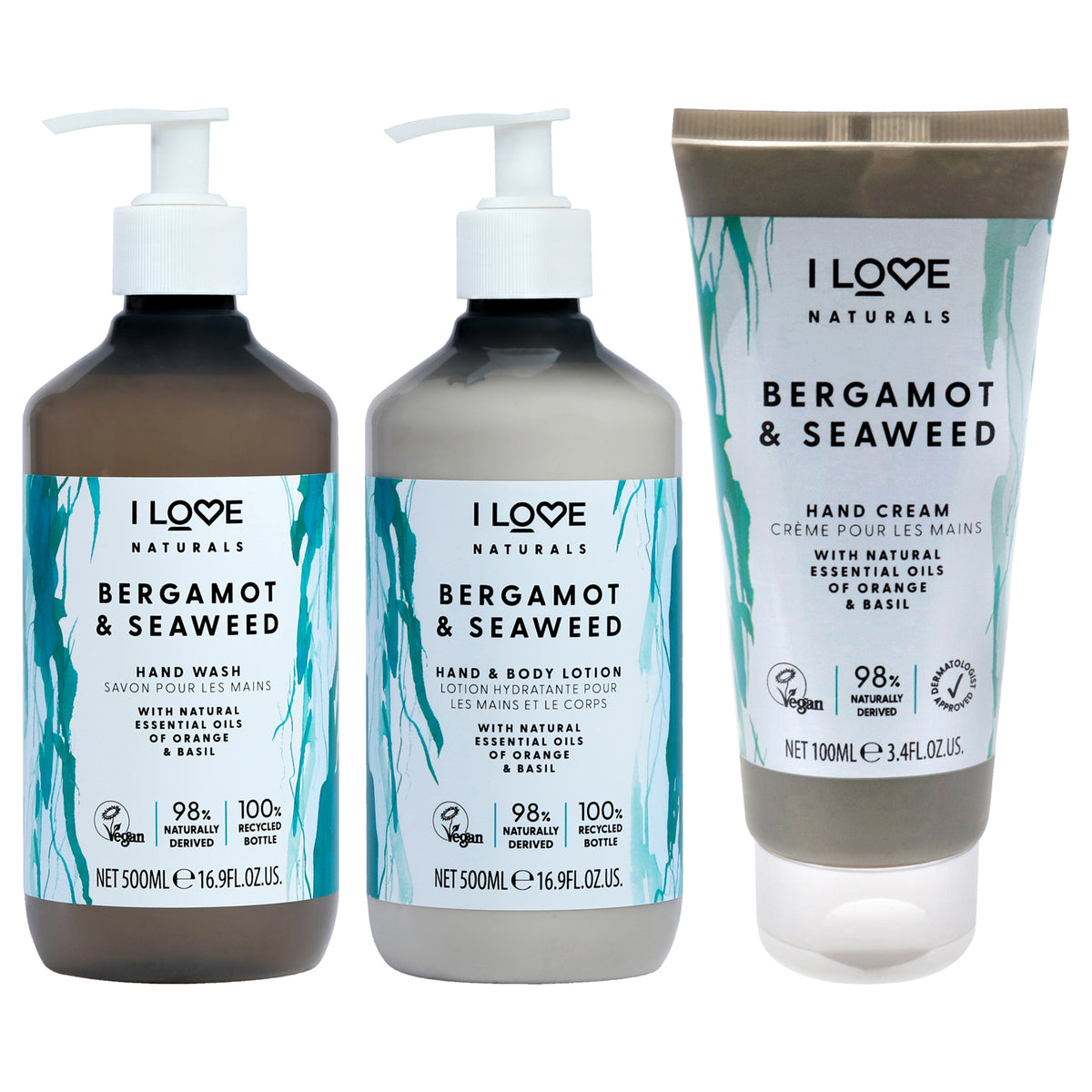 Naturals Collection Kit by I Love Cosmetics for Women - 3 Pc Kit 3.4oz Naturals Hand Cream - Bergamot and Seaweed, 16.9oz Naturals Hand and Body Lotion - Bergamot and Seaweed, 16.9oz Naturals Hand Wash - Bergamot and Seaweed