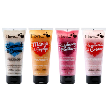 Exfoliating Shower Smoothie Kit by I Love Cosmetics for Women - 4 Pc Kit 6.8oz Exfoliating Shower Smoothie - Coconut and Cream, 6.8oz Exfoliating Shower Smoothie - Mango and Papaya, 6.8oz Exfoliating Shower Smoothie - Raspberry and Balckberry