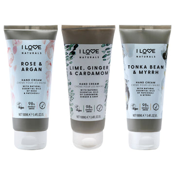 Naturals Hand Cream Kit by I Love Cosmetics for Women - 3 Pc Kit 3.4oz Naturals Hand Cream - Rose and Argan, 3.4oz Naturals Hand Cream - Tonka Bean and Myrrch, 3.4oz Naturals Hand Cream - Lime-Ginger and Cardamon