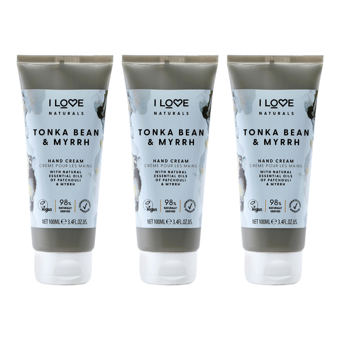 Tonka Bean and Myrrh Hand Cream by I Love Cosmetics for Women - 3.4 oz Cream - Pack of 3