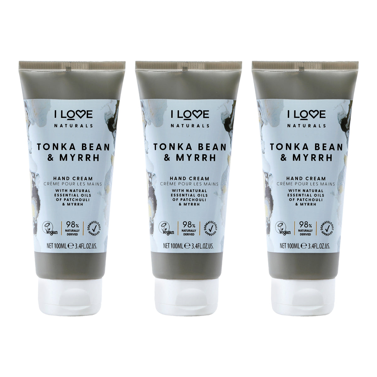 Tonka Bean and Myrrh Hand Cream by I Love Cosmetics for Women - 3.4 oz Cream - Pack of 3