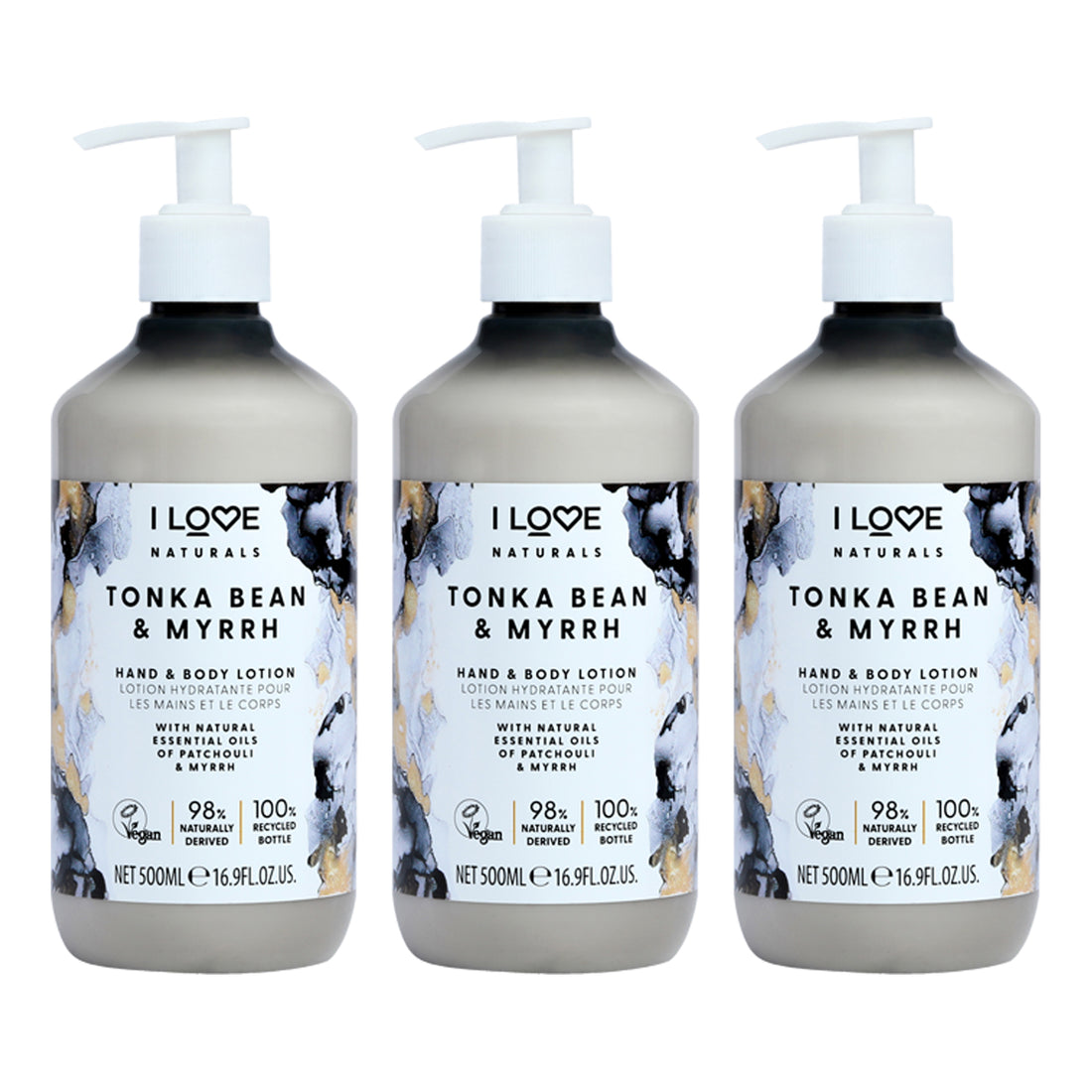 Tonka Bean and Myrrh Hand and Body Lotion by I Love Cosmetics for Women - 16.9 oz Body Lotion - Pack of 3
