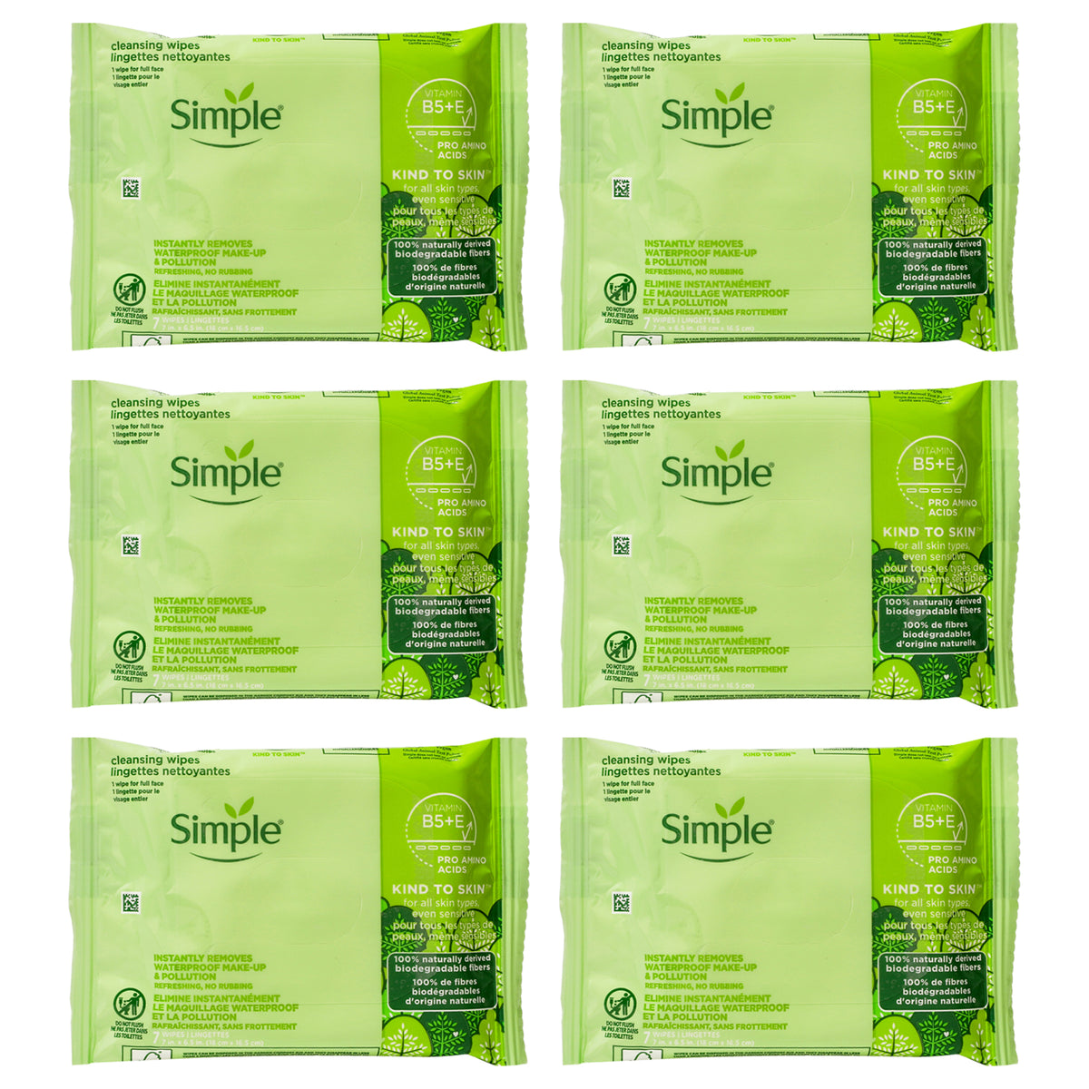 Kind To Skin Cleansing Wipes by Simple for Women - 7 Count Wipes - Pack of 6