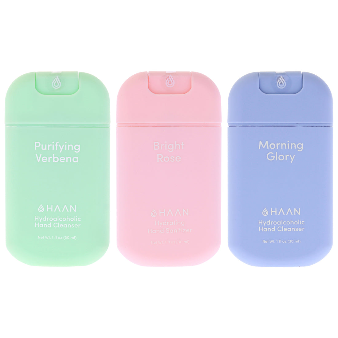 Hydrating Hand Cleansing Spray with Aloe Vera Kit by Haan for Unisex - 3 Pc Kit 1oz Hand Cleanser - Morning Glory, 1oz Hand Sanitizer - Purifying Verbena, 1oz Hand Sanitizer - Bright Rose