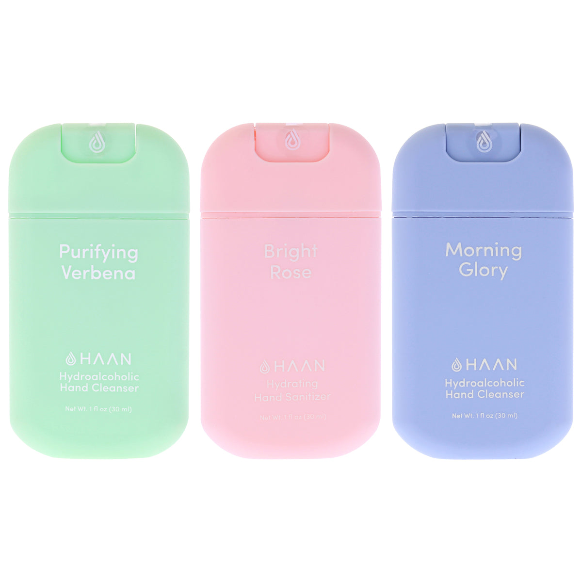 Hydrating Hand Cleansing Spray with Aloe Vera Kit by Haan for Unisex - 3 Pc Kit 1oz Hand Cleanser - Morning Glory, 1oz Hand Sanitizer - Purifying Verbena, 1oz Hand Sanitizer - Bright Rose