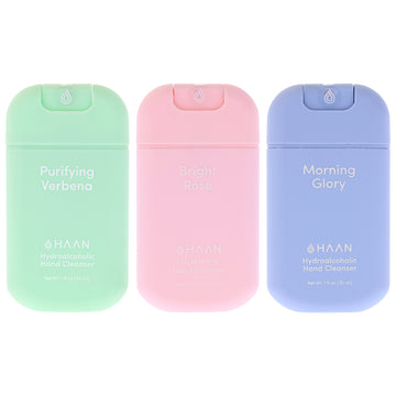Hydrating Hand Cleansing Spray with Aloe Vera Kit by Haan for Unisex - 3 Pc Kit 1oz Hand Cleanser - Morning Glory, 1oz Hand Sanitizer - Purifying Verbena, 1oz Hand Sanitizer - Bright Rose