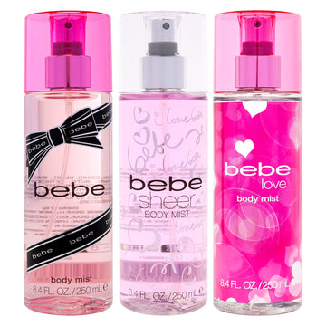 Bebe Kit by Bebe for Women - 3 Pc Kit 8.4oz Body Mist - Bebe Love, 8.4oz Body Mist - Bebe Silver, 8.4oz Body Mist - Bebe Sheer