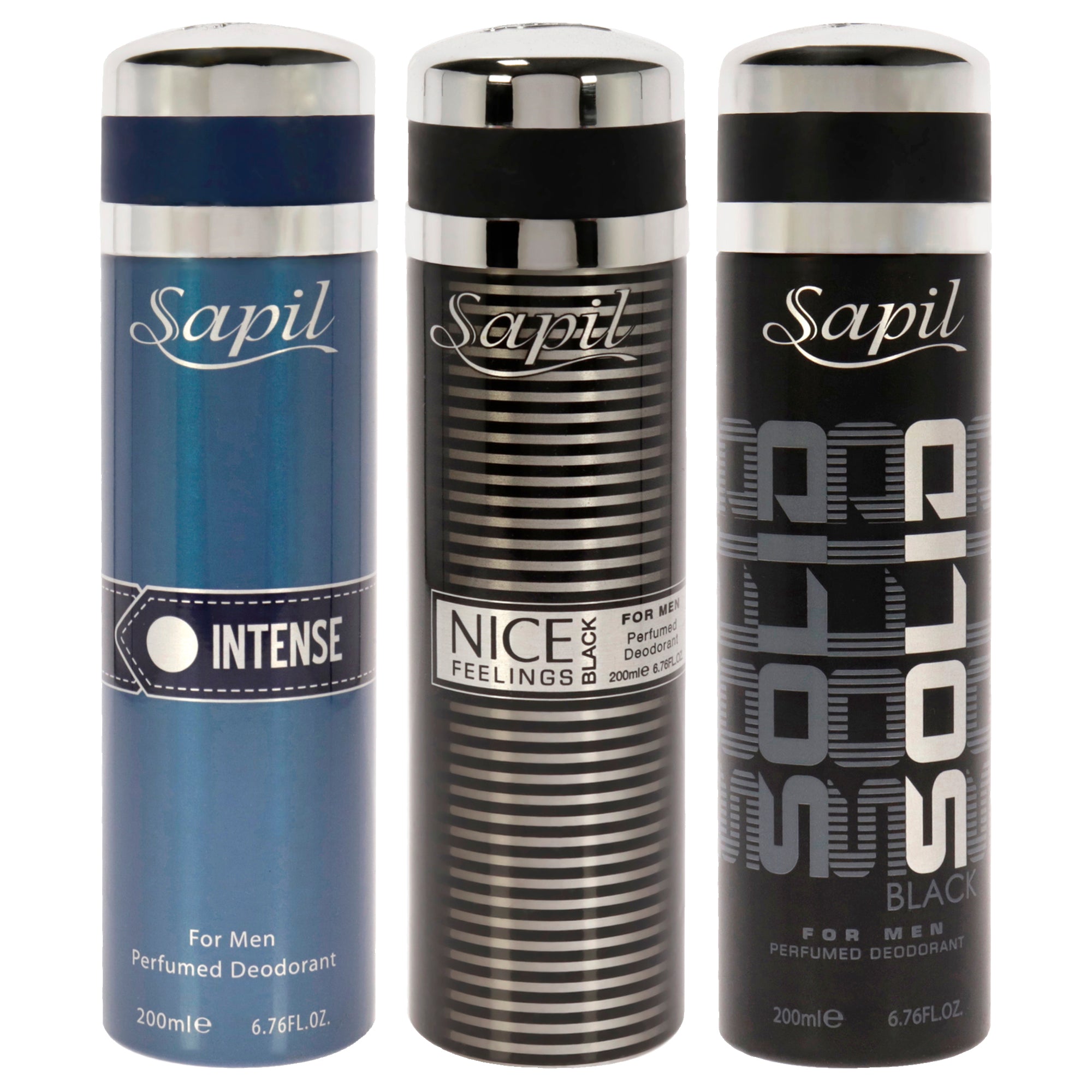 Sapil Kit by Sapil for Men - 3 Pc Kit 6.76oz Deodorant Spray - Solid Black, 6.76oz Deodorant Spray - Intense, 6.76oz Deodorant Spray - Nice Feelings Black