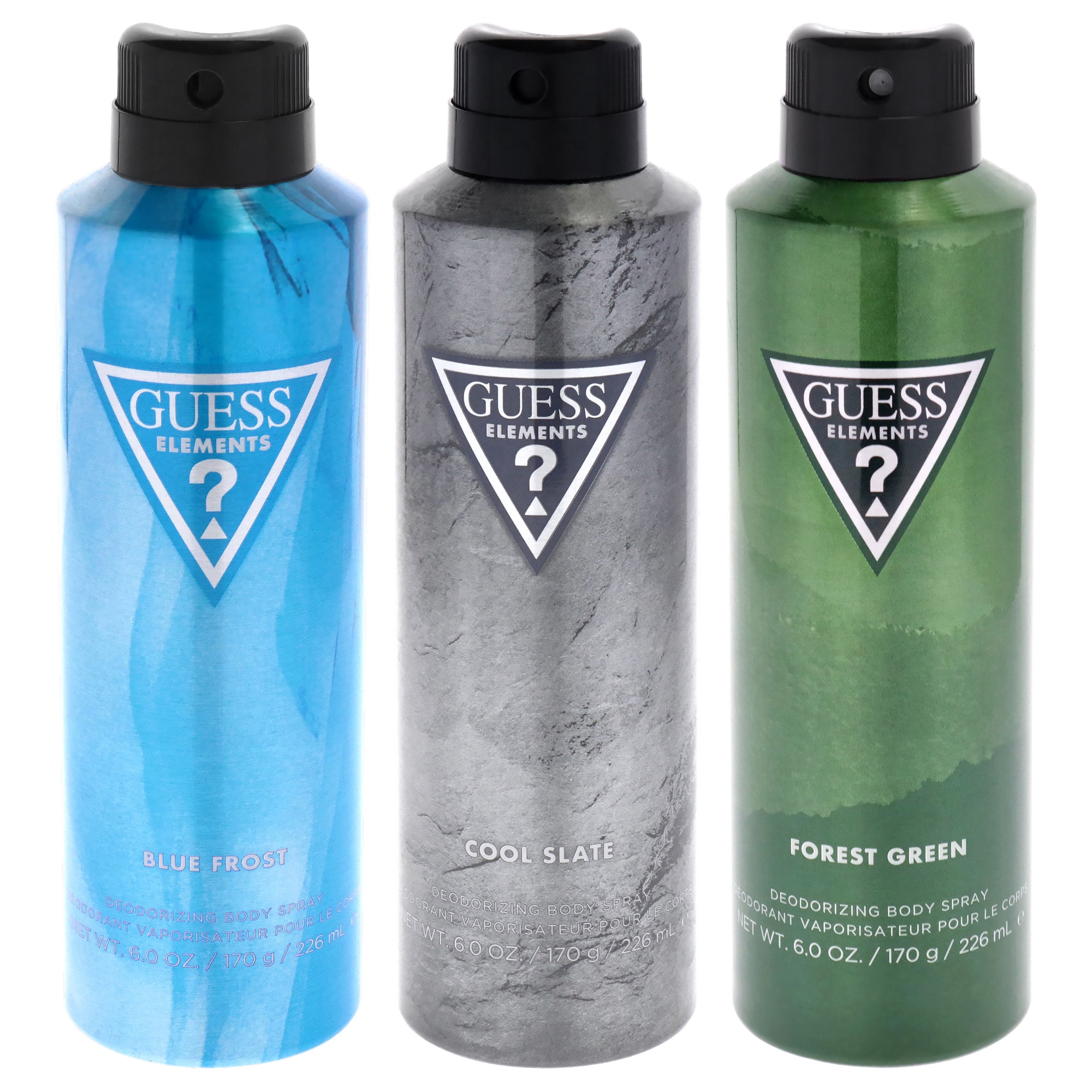 Guess Elements Kit by Guess for Men - 3 Pc Kit 6oz Body Spray - Blue Forest, 6oz Body Spray - Cool Slate, 6oz Body Spray - Forest Green