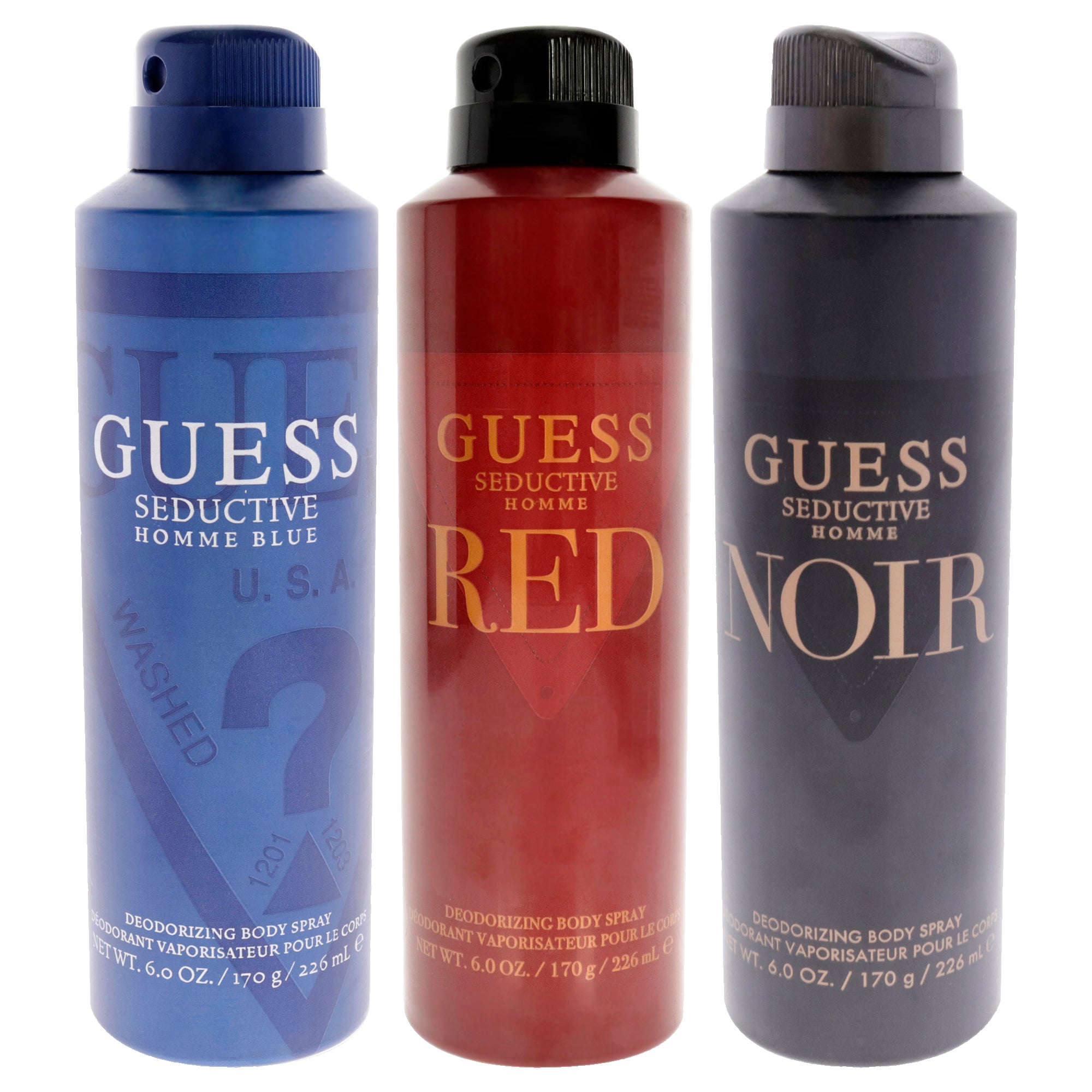 Guess Seductive Homme by Guess for Men - 3 Pc Kit 6oz Body Spray - Blue, 6oz Body Spray - Noir, 6oz Body Spray - Red