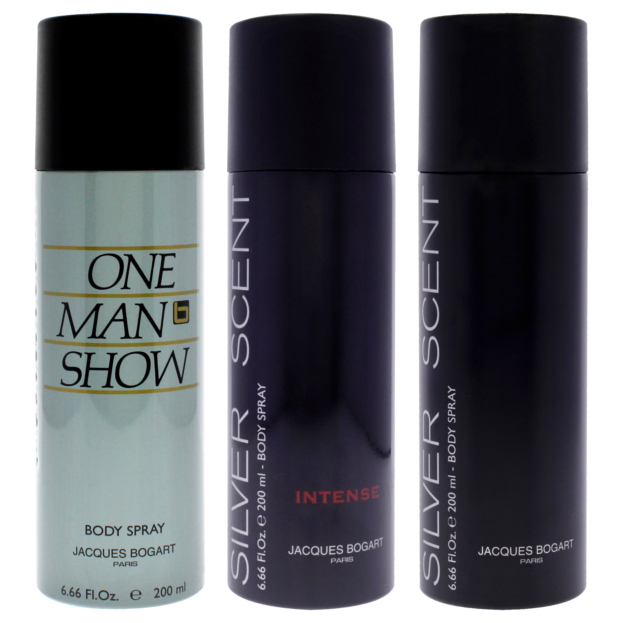 Jacques Bogart Kit by Jacques Bogart for Men - 3 Pc Kit 6.6oz Body Spray - One Man Show, 6.6oz Body Spray - Silver Scent Intense, 6.6oz Body Spray - Silver Scent