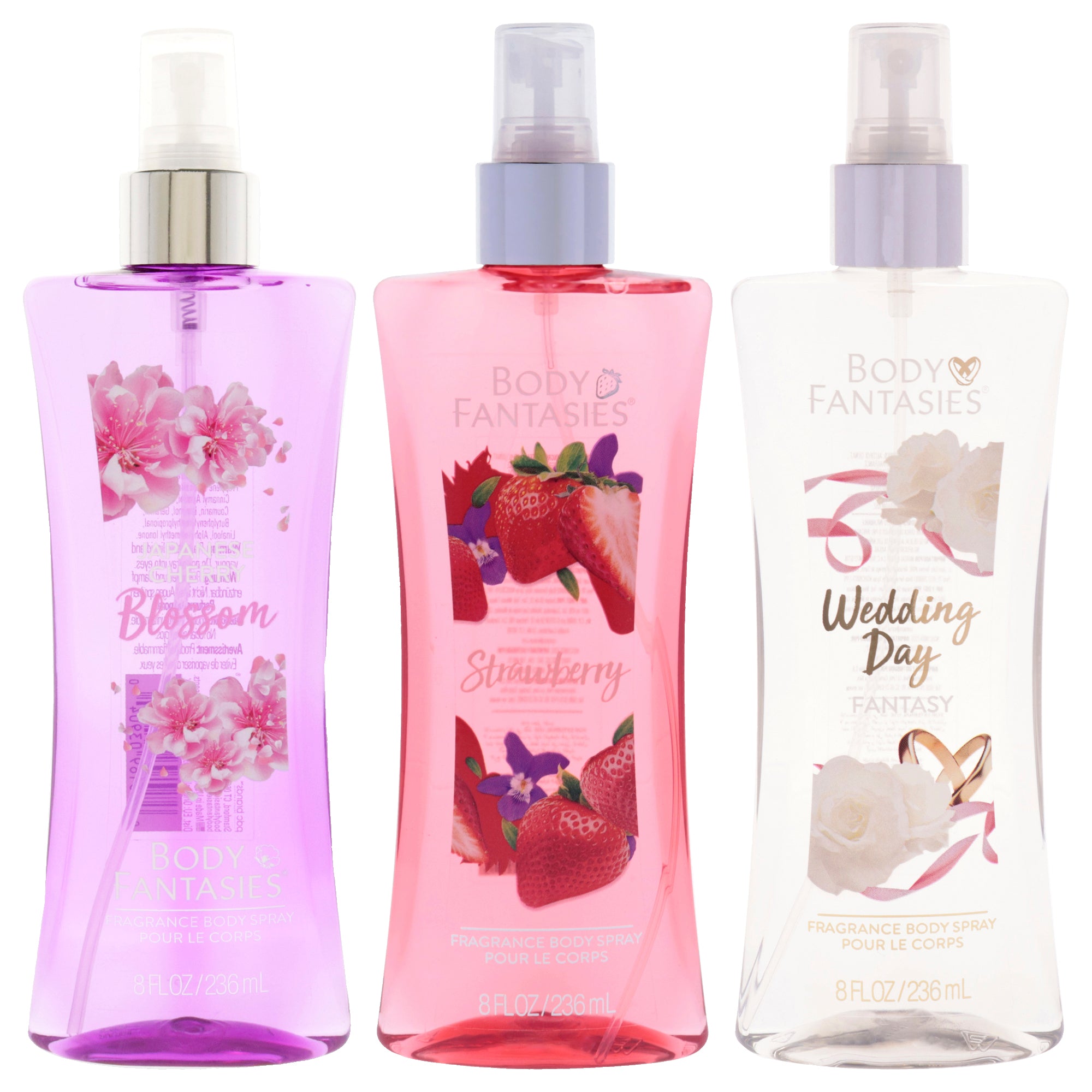 Body Fantasies Kit by Body Fantasies for Women - 3 Pc Kit 8oz Body Spray - Signature Japanese Cherry Blossom, 8oz Body Spray - Strawberry Fantasy, 8oz Body Spray - Signature Wedding Day Fragrance