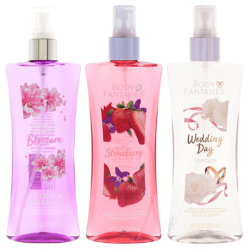Body Fantasies Kit by Body Fantasies for Women - 3 Pc Kit 8oz Body Spray - Signature Japanese Cherry Blossom, 8oz Body Spray - Strawberry Fantasy, 8oz Body Spray - Signature Wedding Day Fragrance