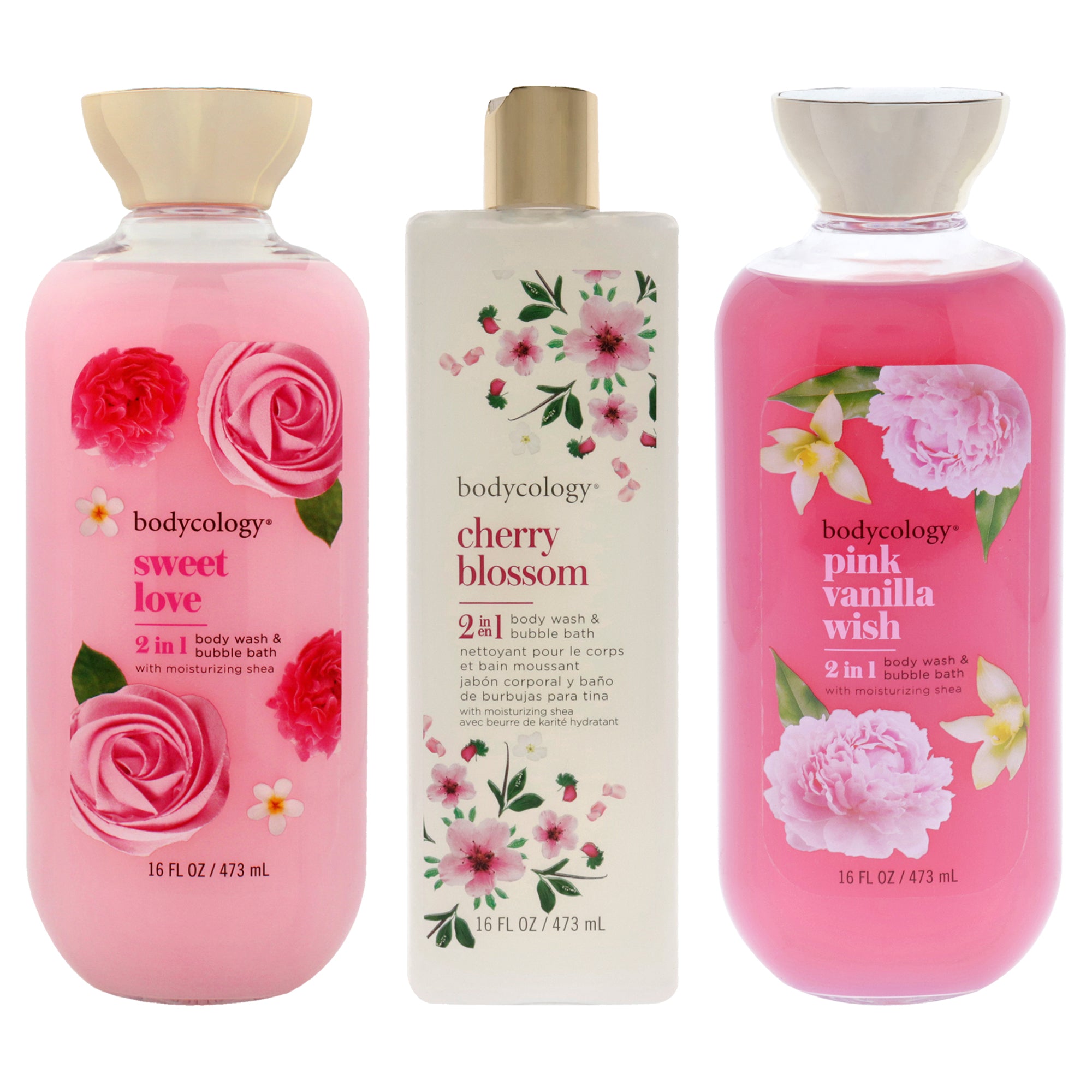 Bodycology Kit by Bodycology for Women - 3 Pc Kit 16oz 2 in 1 Body Wash and Bubble Bath - Cherry Blossom, 16oz 2 in 1 Body Wash and Bubble Bath - Pink Vanilla Wish, 16oz 2 in 1 Body Wash and Bubble Bath - Sweet Love