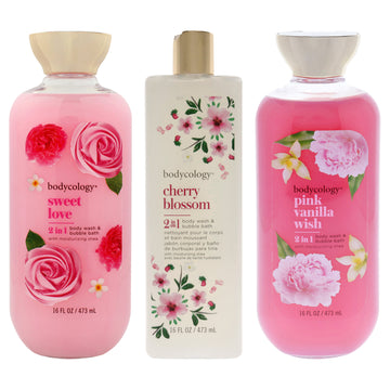 Bodycology Kit by Bodycology for Women - 3 Pc Kit 16oz 2 in 1 Body Wash and Bubble Bath - Cherry Blossom, 16oz 2 in 1 Body Wash and Bubble Bath - Pink Vanilla Wish, 16oz 2 in 1 Body Wash and Bubble Bath - Sweet Love