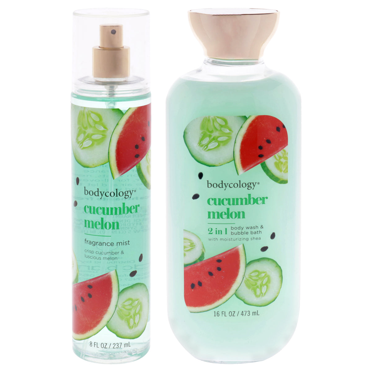 Bodycology Kit by Bodycology for Women - 2 Pc Kit 8oz Fragrance Mist - Cucumber Melon, 16oz 2 in 1 Body Wash and Bubble Bath - Cucumber Melon
