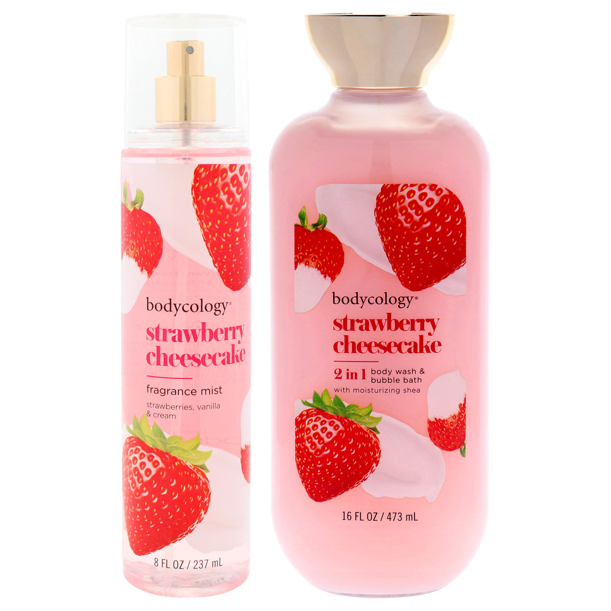 Bodycology Kit by Bodycology for Women - 2 Pc Kit 16oz 2 in 1 Body Wash and Bubble Bath - Strawberry Cheesecake, 8oz Fragrance Mist - Strawberry Cheesecake