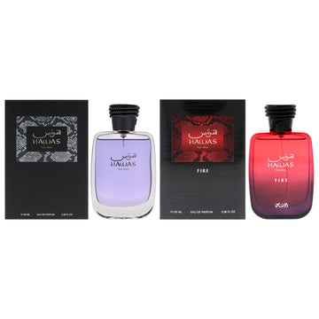 Hawas Kit by Rasasi for Men - 2 Pc Kit 3.38oz Hawas EDP Spray, 3.38oz Hawas Fire EDP Spray