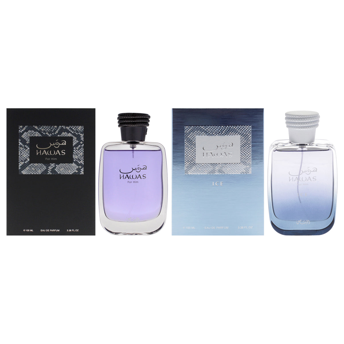 Hawas Kit by Rasasi for Men - 2 Pc Kit 3.38oz Hawas EDP Spray, 3.38oz Hawas Ice EDP Spray