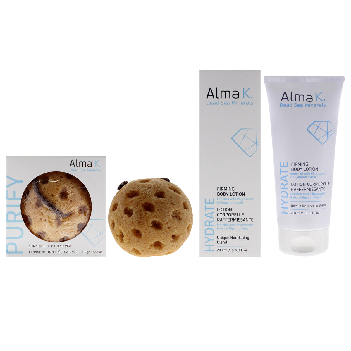 Soap Infused Bath Sponge and Firming Body Lotion Kit by Alma K for Women - 2 Pc Kit 4.5oz Soap Infused Bath Sponge, 6.7oz Body Lotion