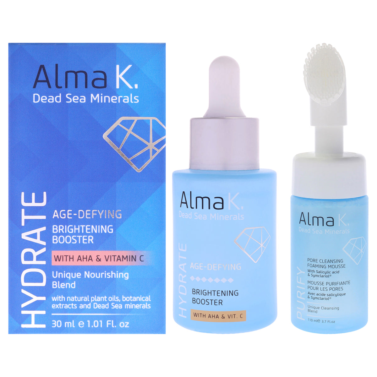 Brightening Booster with AHA and Vitamin C and Pore Cleansing Foaming Mousse Kit by Alma K for Women - 2 Pc Kit 1oz Brightening Booster, 3.7oz Cleansing