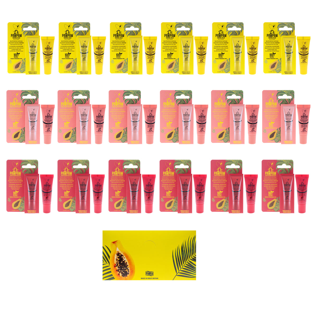 Multipurpose Soothing Kit by Dr. PawPaw for Women - 18 Pc Kit 6 x 0.33oz Original Balm, 6 x 0.33oz Tinted Balm - Peach Pink, 6 x 0.33oz Tinted Balm - Ultimate Red, 1Pc Display PDQ