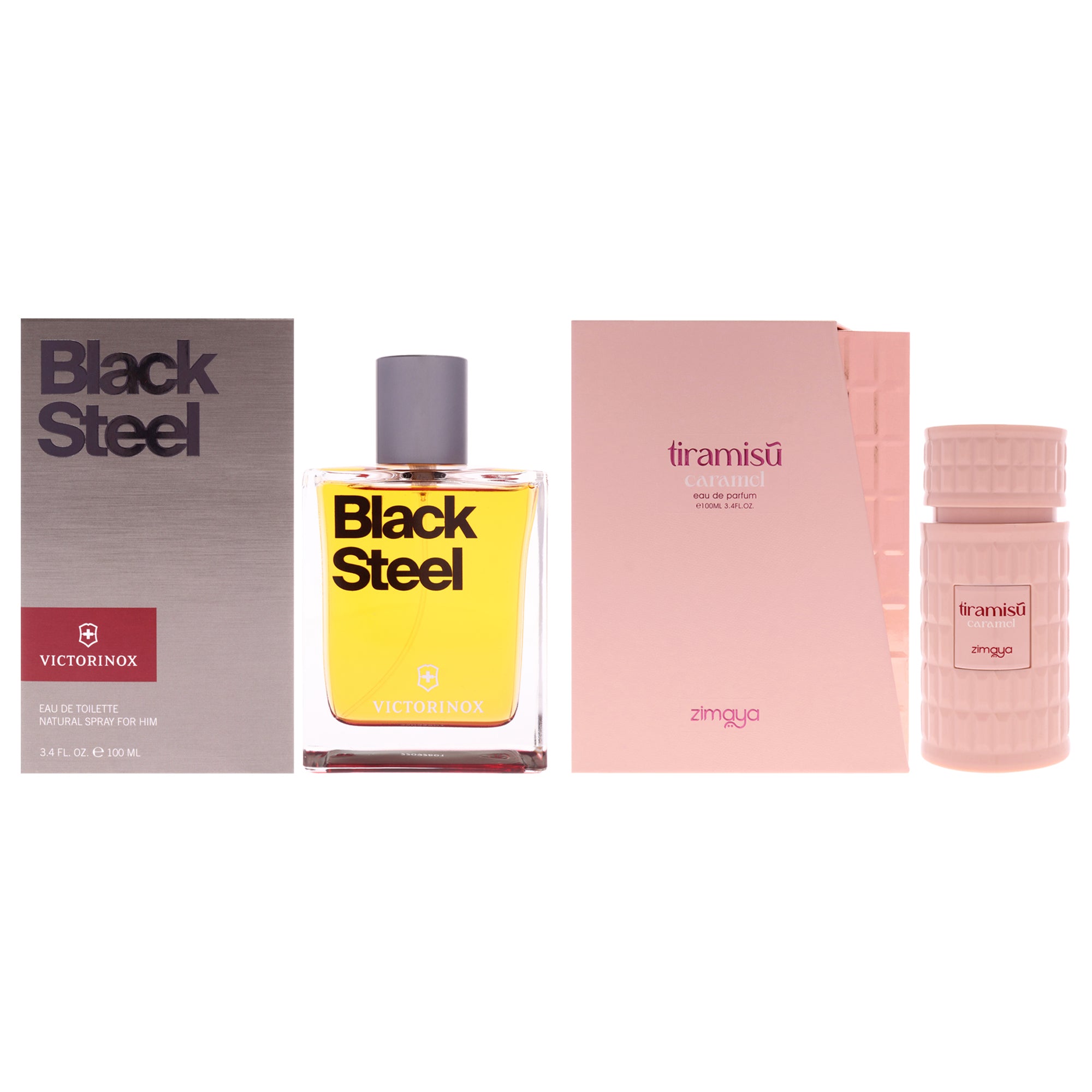 Swiss Army and Zimaya Kit by Various Designers for Unisex - 2 Pc Kit 3.4oz Black Steel EDT Spray, 3.4oz Tiramisu - Caramel EDP Spray