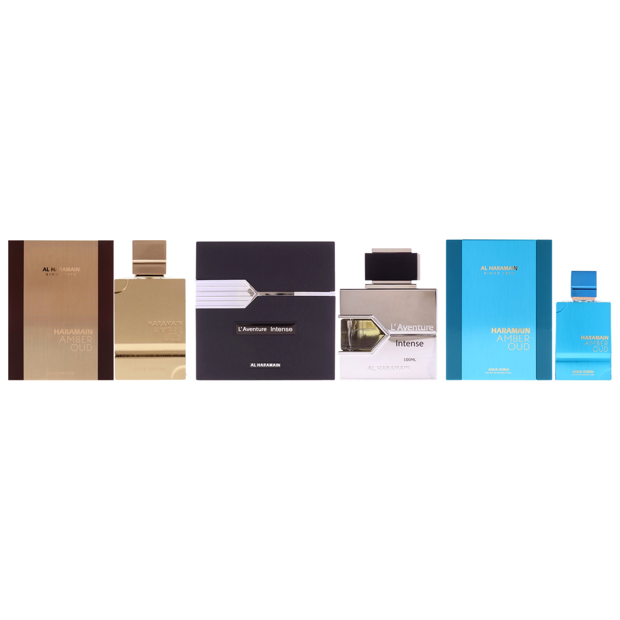 Al Haramain Kit by Al Haramain for Unisex - 3 Pc Kit 2oz Amber Oud - Gold Edition EDP Spray, 2.53oz Amber Oud - Aqua Dubai Edition Extrait De Parfum Spray, 3.33oz Laventure - Intense EDP Spray