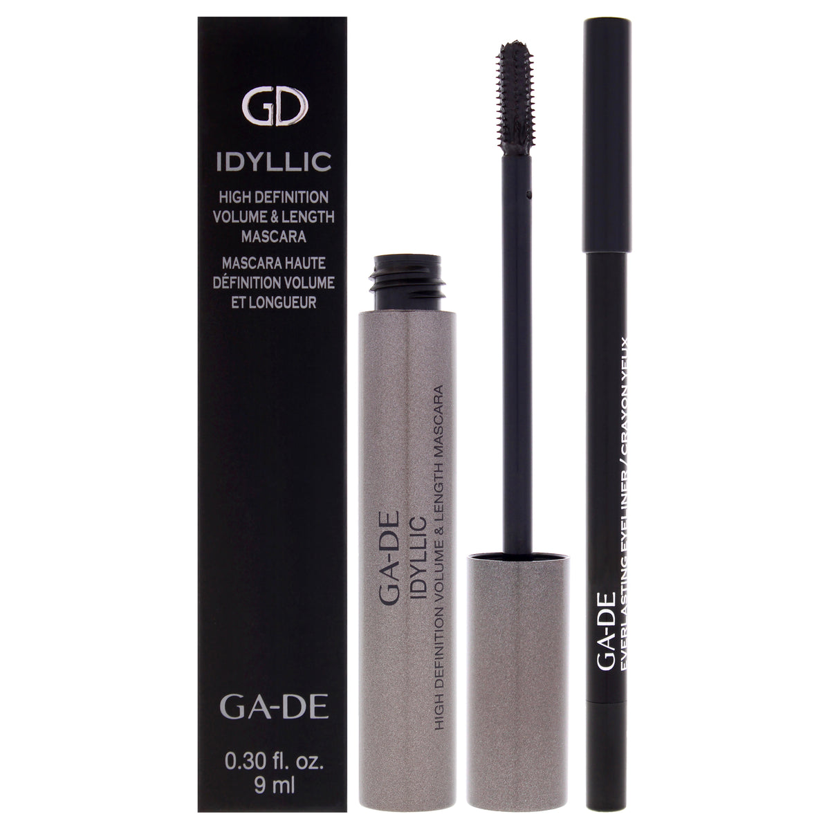 Idyllic High Mascara with Everlasting Eyeliner Kit by GA-DE for Women - 2 Pc Kit 0.3oz Idyllic High Definition Volume and Length Mascara - Black, 0.04oz Everlasting Eyeliner - 300 Intense Black