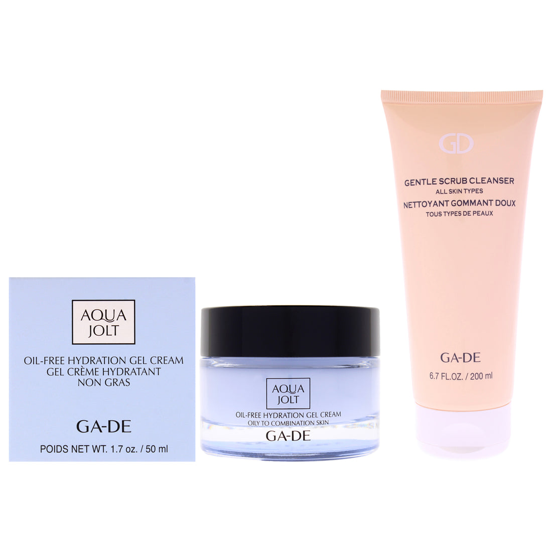Gentle Scrub Cleanser with Aqua Jolt Cream Kit by GA-DE for Women - 2 Pc Kit 6.7oz Gentle Scrub Cleanser - All Skin Type, 1.7oz Aqua Jolt Oil-Free Hydration Gel Cream - Oily to Combination Skin