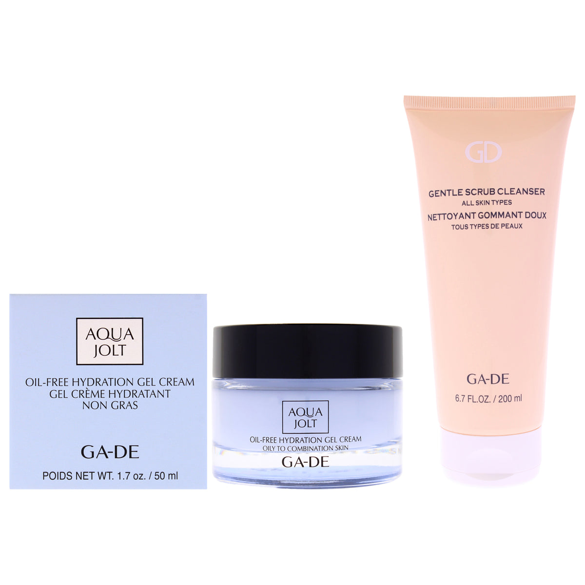 Gentle Scrub Cleanser with Aqua Jolt Cream Kit by GA-DE for Women - 2 Pc Kit 6.7oz Gentle Scrub Cleanser - All Skin Type, 1.7oz Aqua Jolt Oil-Free Hydration Gel Cream - Oily to Combination Skin