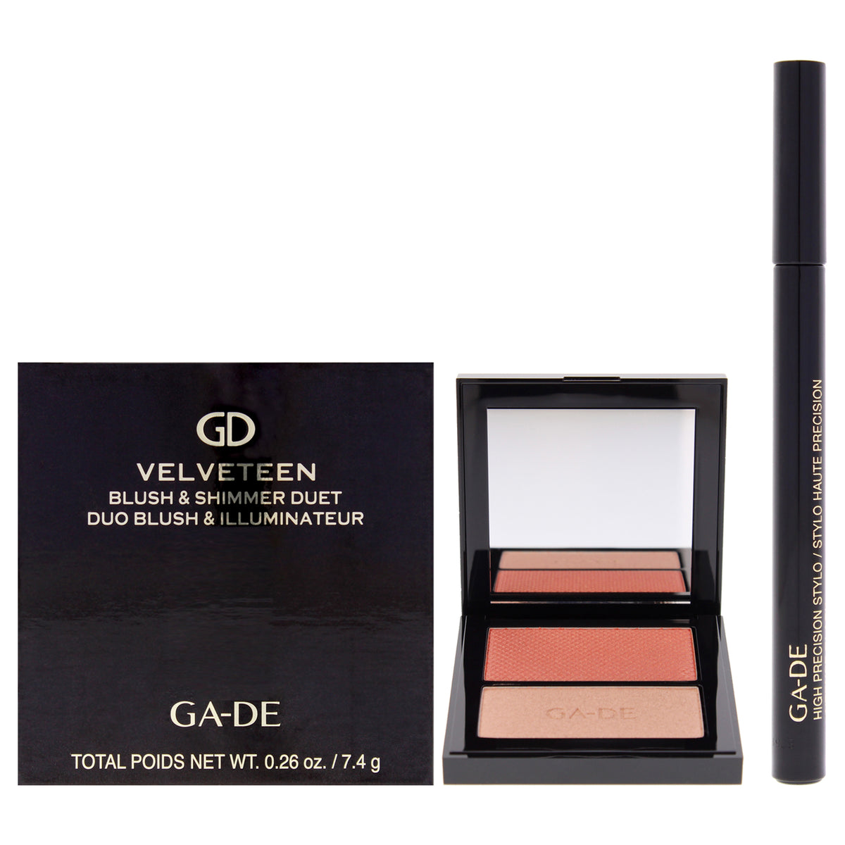 High Precision Eye Liner and Velveteen Blush Kit by GA-DE for Women - 2 Pc Kit 0.057oz High Precision Eye Liner Stylo Intense - Black, 0.26oz Velveteen Blush and Shimmer Duet - 48 Peach and Glow