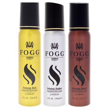 Fogg Kit by Fogg for Men - 3 Pc Kit 4oz Fragrance Body Spray - Intense Oud, 4oz Fragrance Body Spray - Intense Amber, 4oz Fragrance Body Spray - Intense Wood