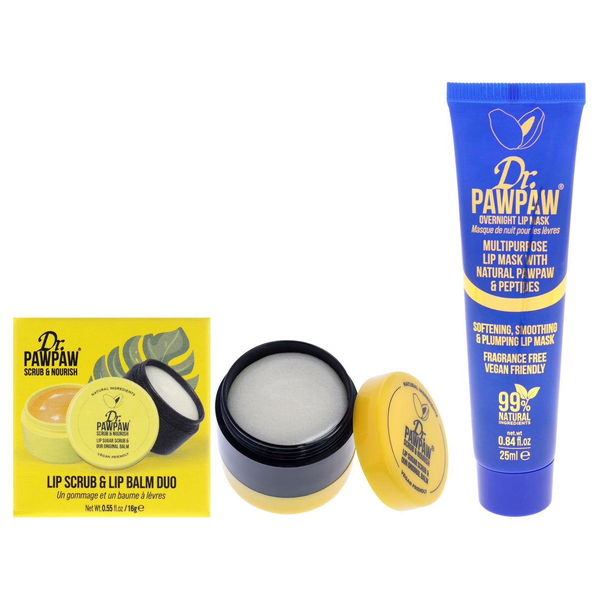 Lip Scrub Duo and Lip Mask Kit by Dr. PawPaw for Women - 2 Pc Kit 0.84oz Lip Mask - Overnight, 0.55oz Lip Scrub and Lip Balm Duo Treatment
