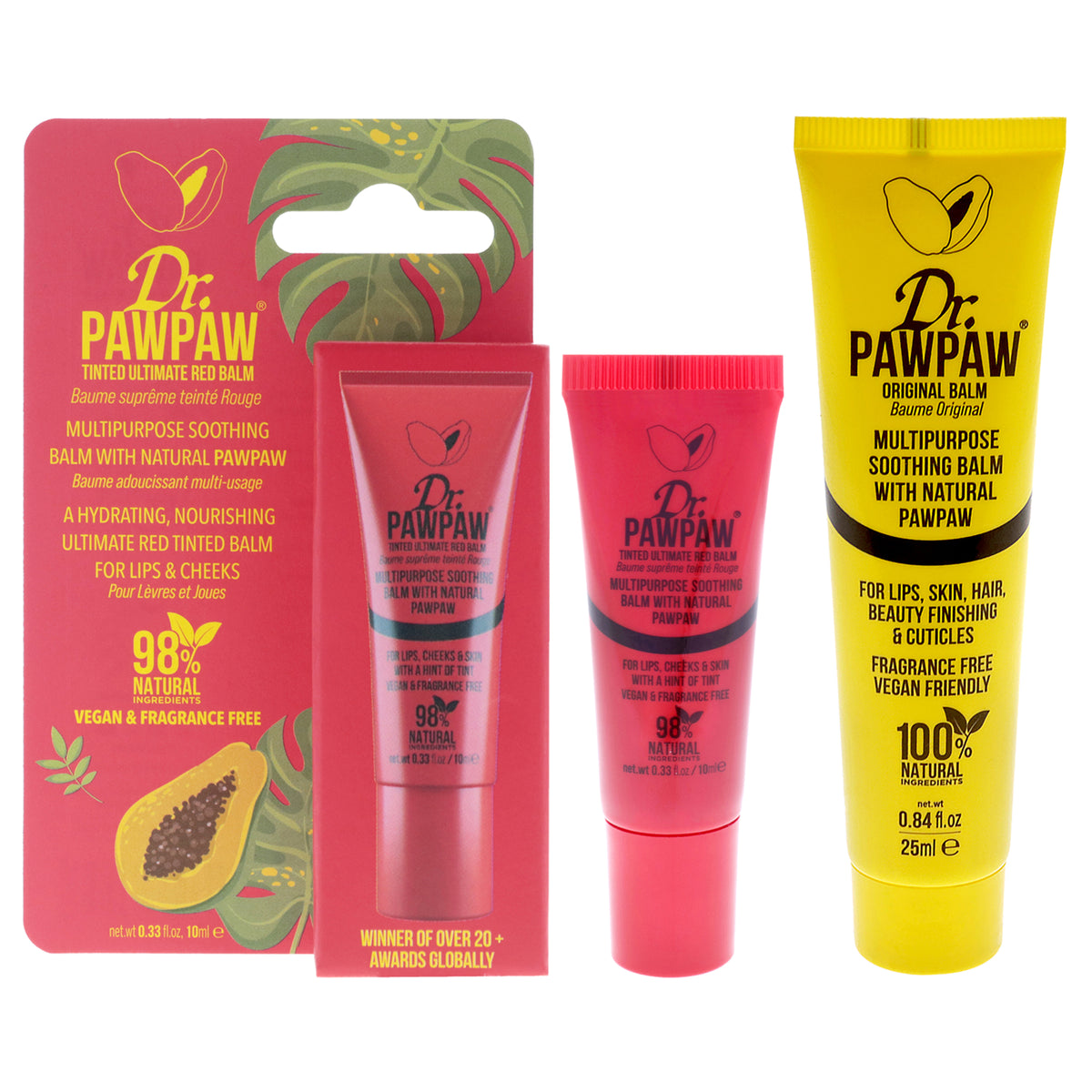Red Tinted and Original Lip Balm Kit by Dr. PawPaw for Women - 2 Pc Kit 0.84oz Original Balm, 0.33oz Tinted Balm - Ultimate Red