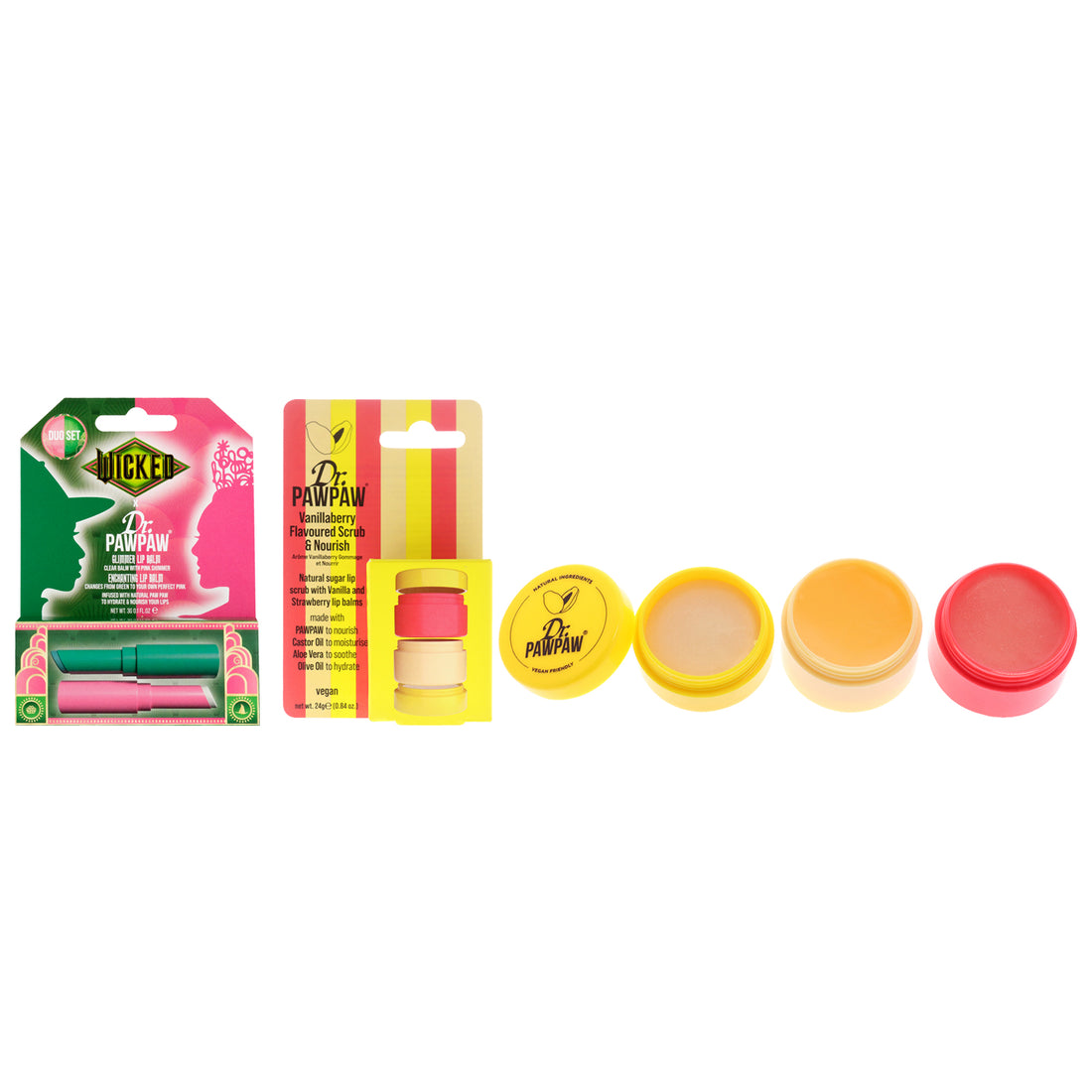 Wicked Duo and Vanillaberry Scrub Duo Kit by Dr. PawPaw for Women - 2 Pc Kit 2 x 0.1oz Balm - Wicked x Enchanting and Glimmer, 0.84oz Scrub and Nourish Balm - Vanillaberry