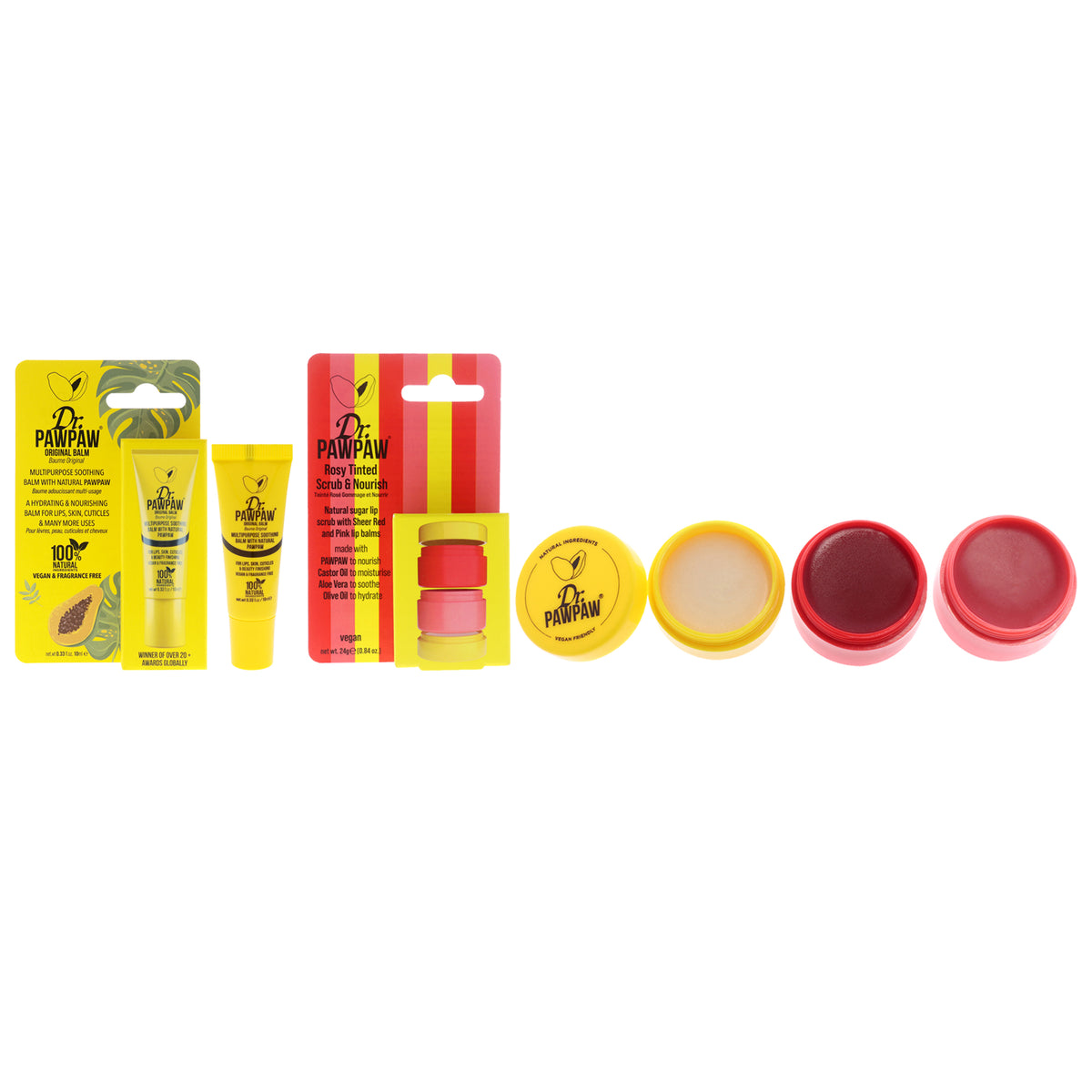Original Lip Balm and Rosy Tinted Scrub Duo Kit by Dr. PawPaw for Women - 2 Pc Kit 0.33oz Original Balm, 0.84oz Scrub and Nourish Balm - Rosy Tinted