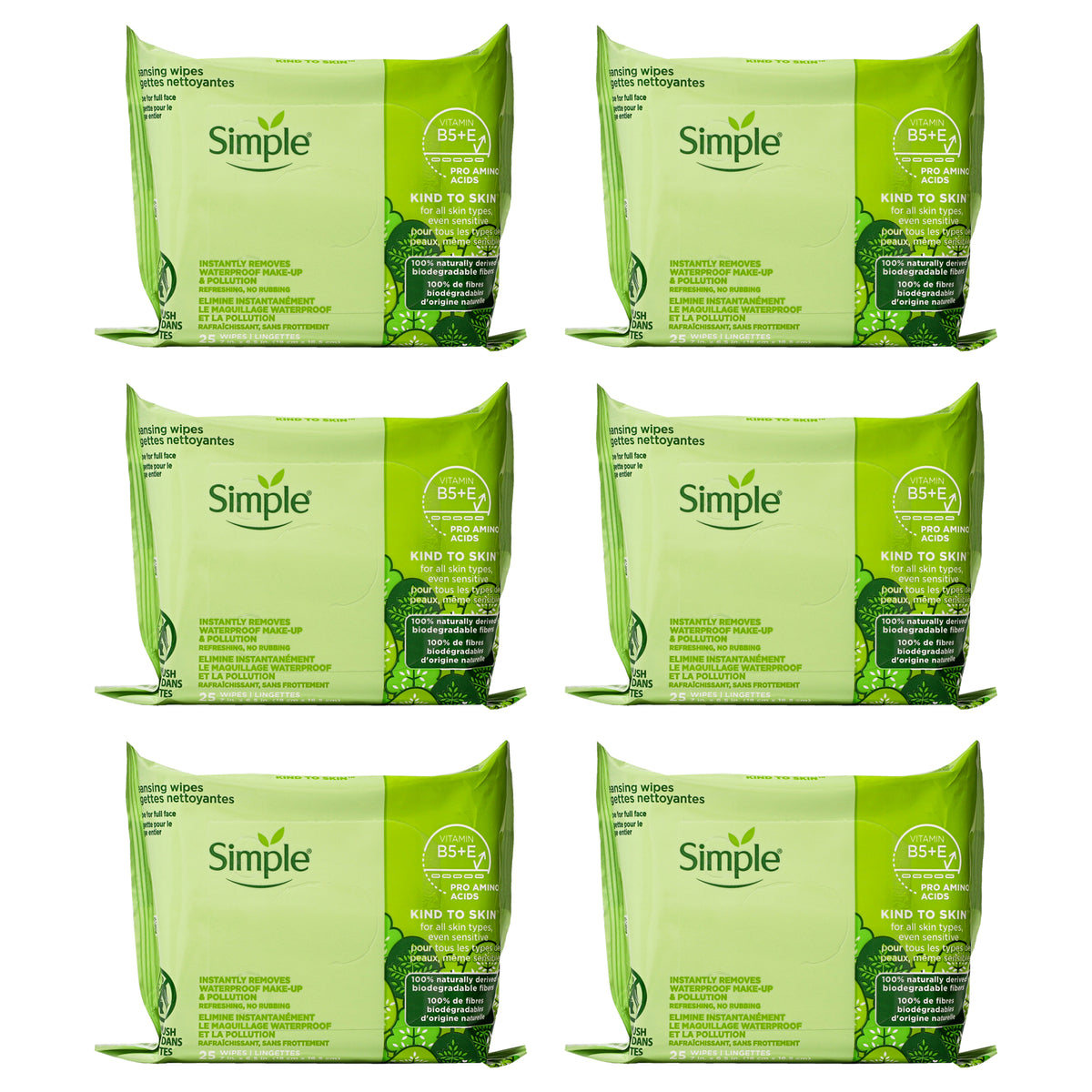 Simple Cleansing Facial Wipes by Simple for Women - 25 Count Wipes - Pack of 6