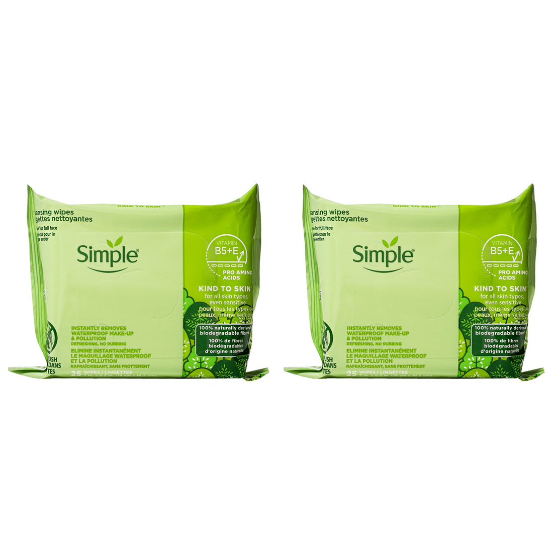 Simple Kind to Skin Facial Wipes by Simple for Women - 25 Count Wipes - Pack of 2