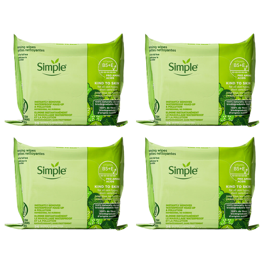 Simple Sensitive Skin Experts Kind to Skin Cleansing Facial Wipes by Simple for Women - 25 Count Wipes - Pack of 4