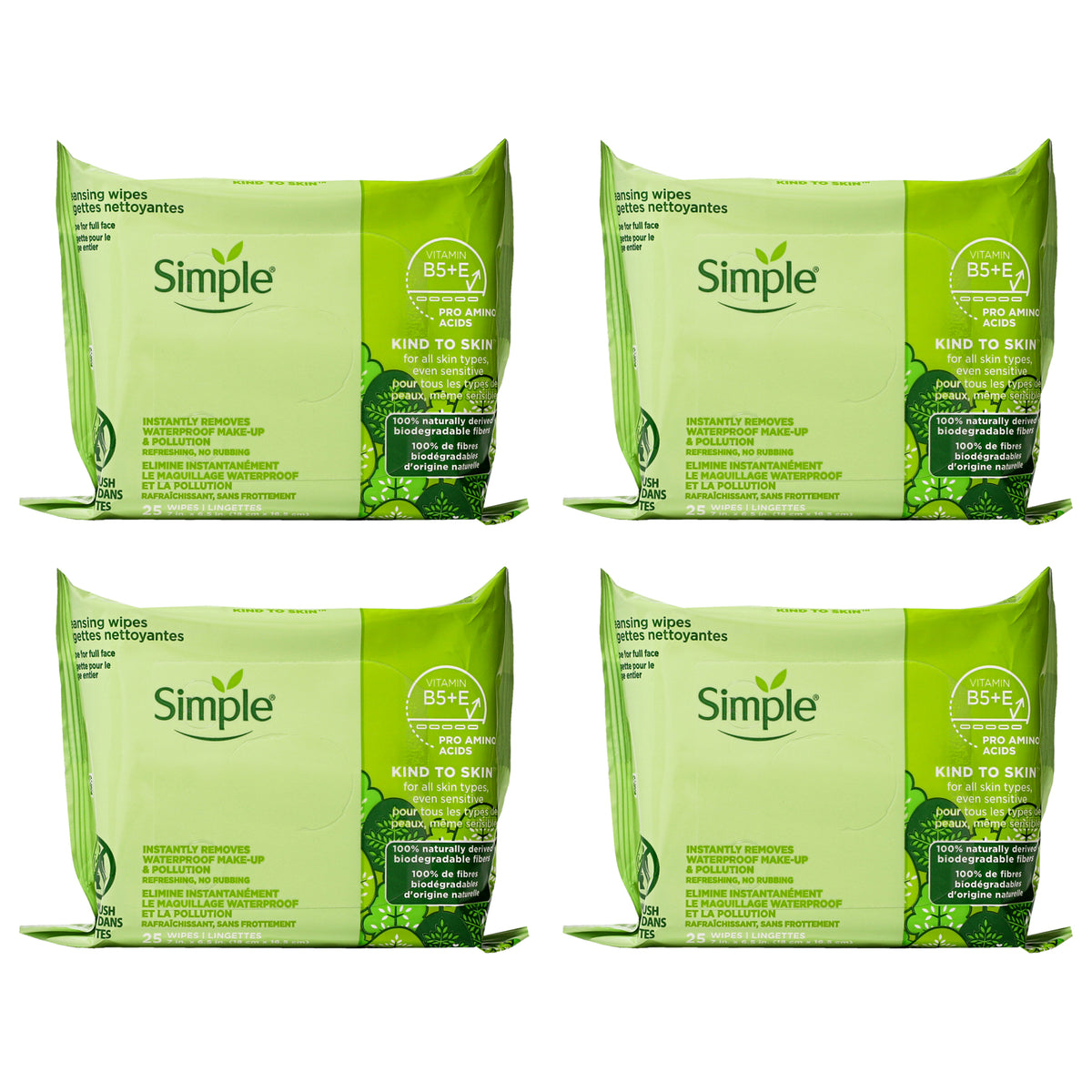Simple Sensitive Skin Experts Kind to Skin Cleansing Facial Wipes by Simple for Women - 25 Count Wipes - Pack of 4