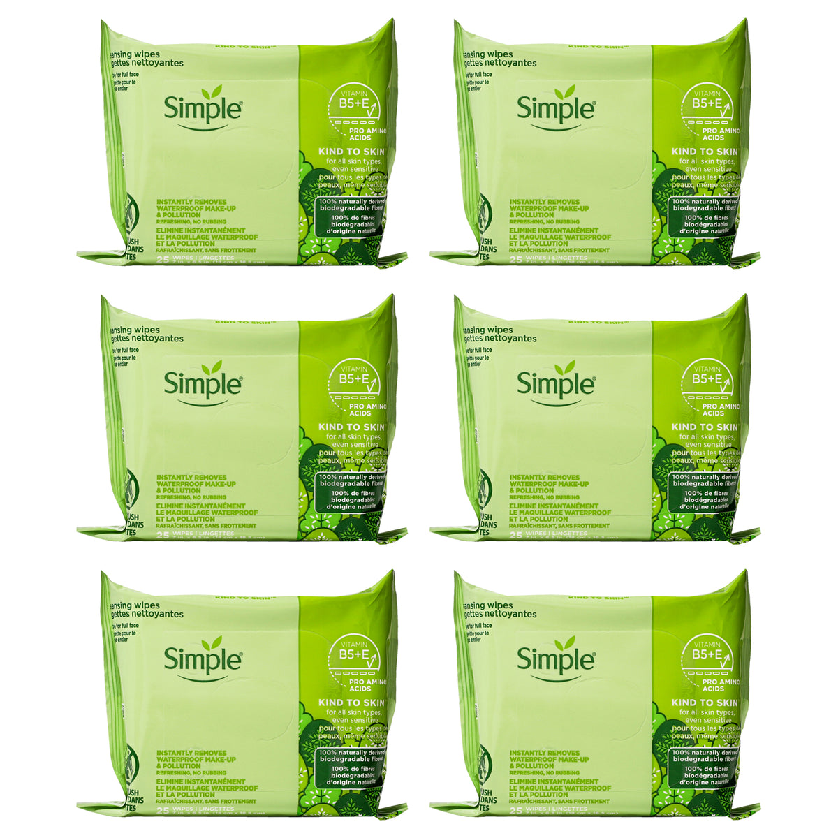 Simple Cleansing Face Wipes for Removing Makeup by Simple for Women - 25 Count Wipes - Pack of 6
