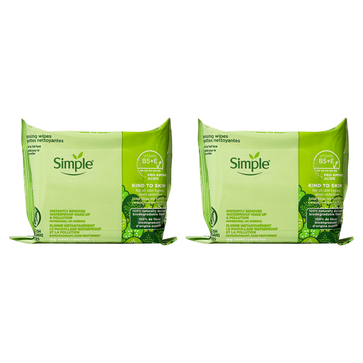 Simple Kind to Skin Facial Wipes Gentle and Effective Makeup Remover by Simple for Women - 25 Count Wipes - Pack of 2
