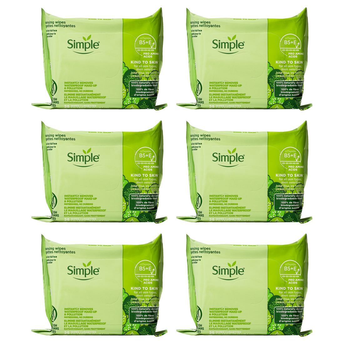 Simple Kind to Skin Cleansing Facial Wipes by Simple for Women - 25 Count Wipes - Pack of 6