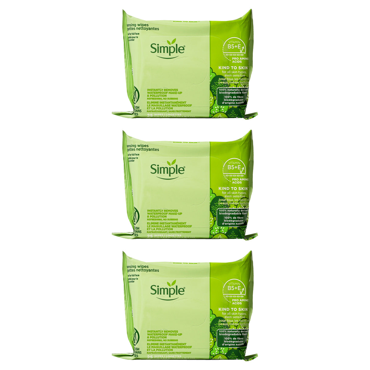 Simple Kind to Skin 25 Cleansing Facial Wipes by Simple for Women - 25 Count Wipes - Pack of 3