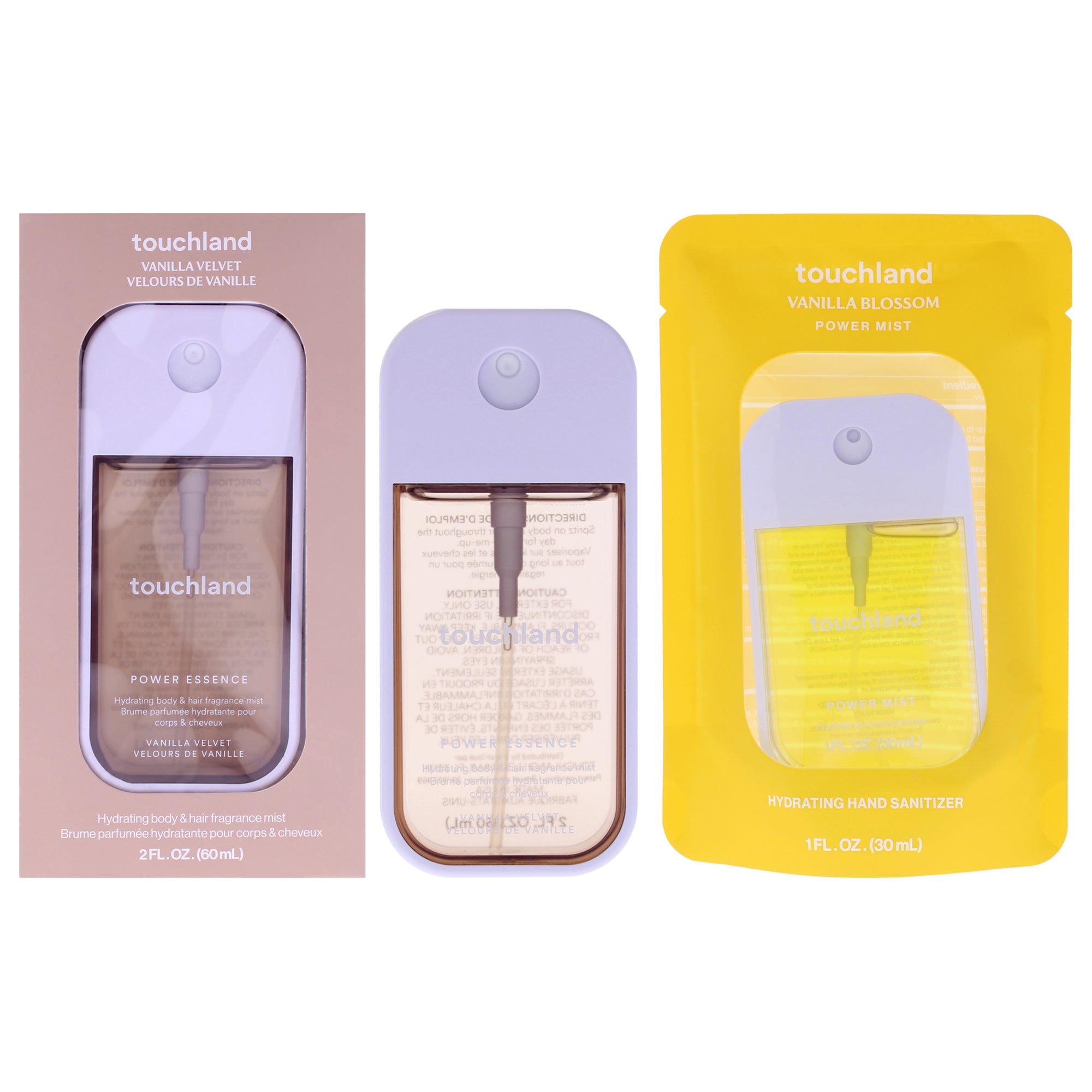 Power Mist and Essence Kit by Touchland for Unisex - 2 Pc Kit 2oz Fragrance Mist - Vanilla Velvet, 1oz Hand Sanitizer - Vanilla Blossom