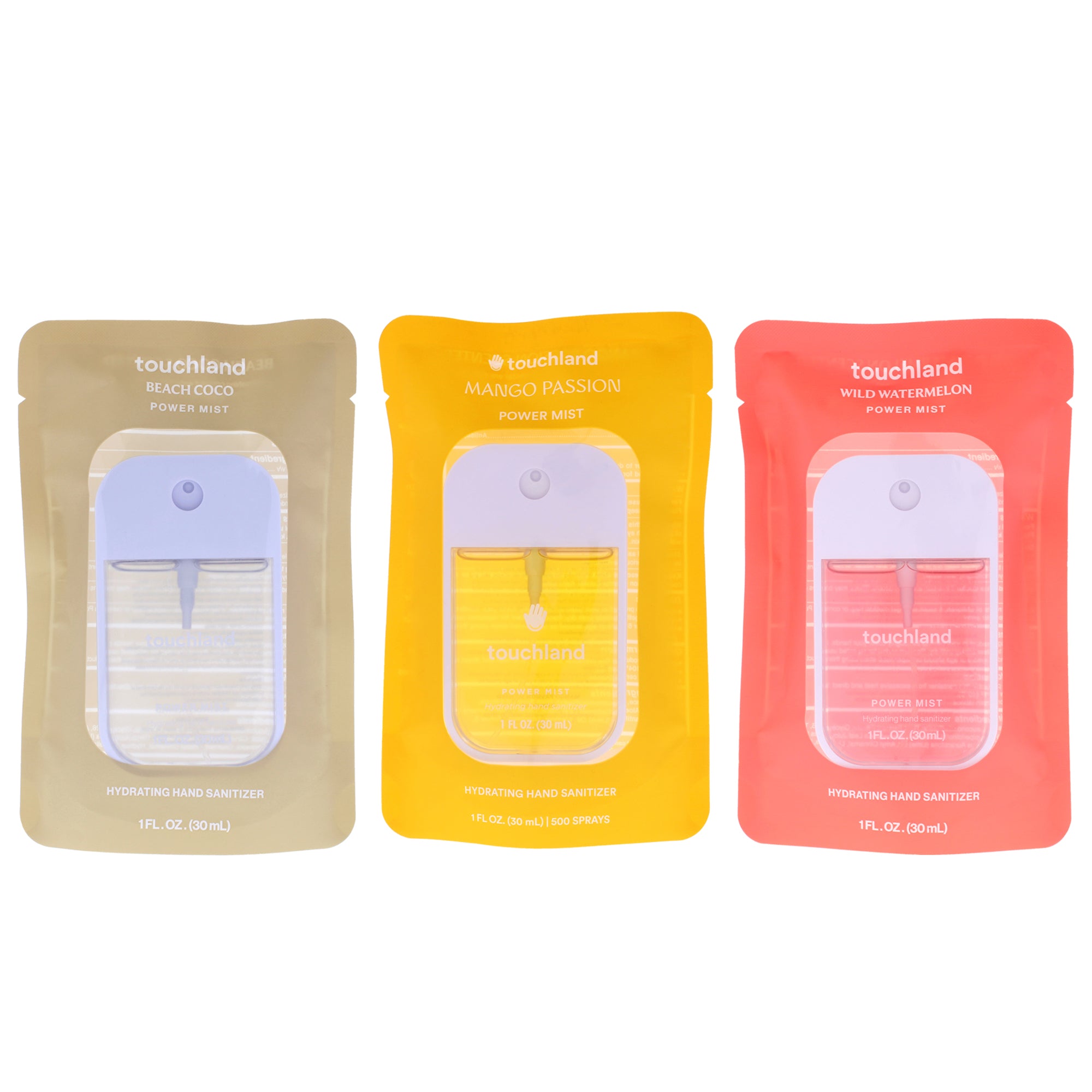 Power Mist Kit by Touchland for Unisex - 3 Pc Kit 1oz Hand Sanitizer - Beach Coco, 1oz Hand Sanitizer - Mango Passion, 1oz Hand Sanitizer - Wild Watermelon