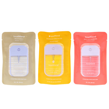 Power Mist Kit by Touchland for Unisex - 3 Pc Kit 1oz Hand Sanitizer - Beach Coco, 1oz Hand Sanitizer - Mango Passion, 1oz Hand Sanitizer - Wild Watermelon